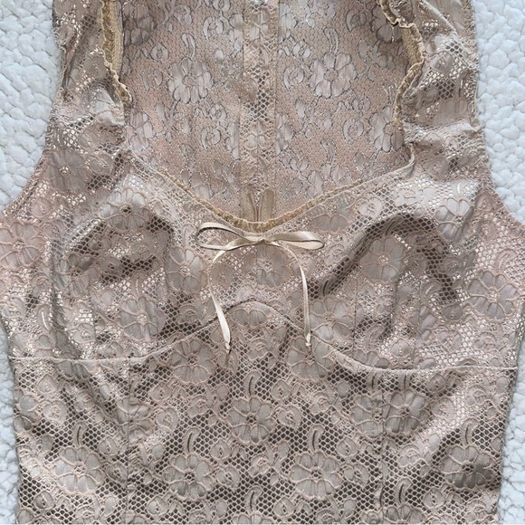 VTG Y2K coquette corset bow tank top floral gold lace top stretchy fairy core L - Picture 4 of 15